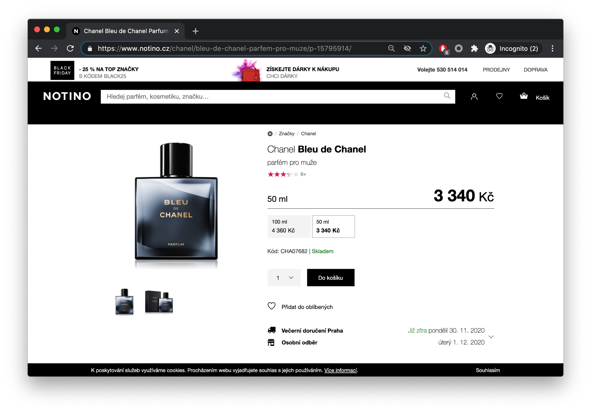 snímek obrazovky parfému na webu notino.cz za cenu 3340 Kč