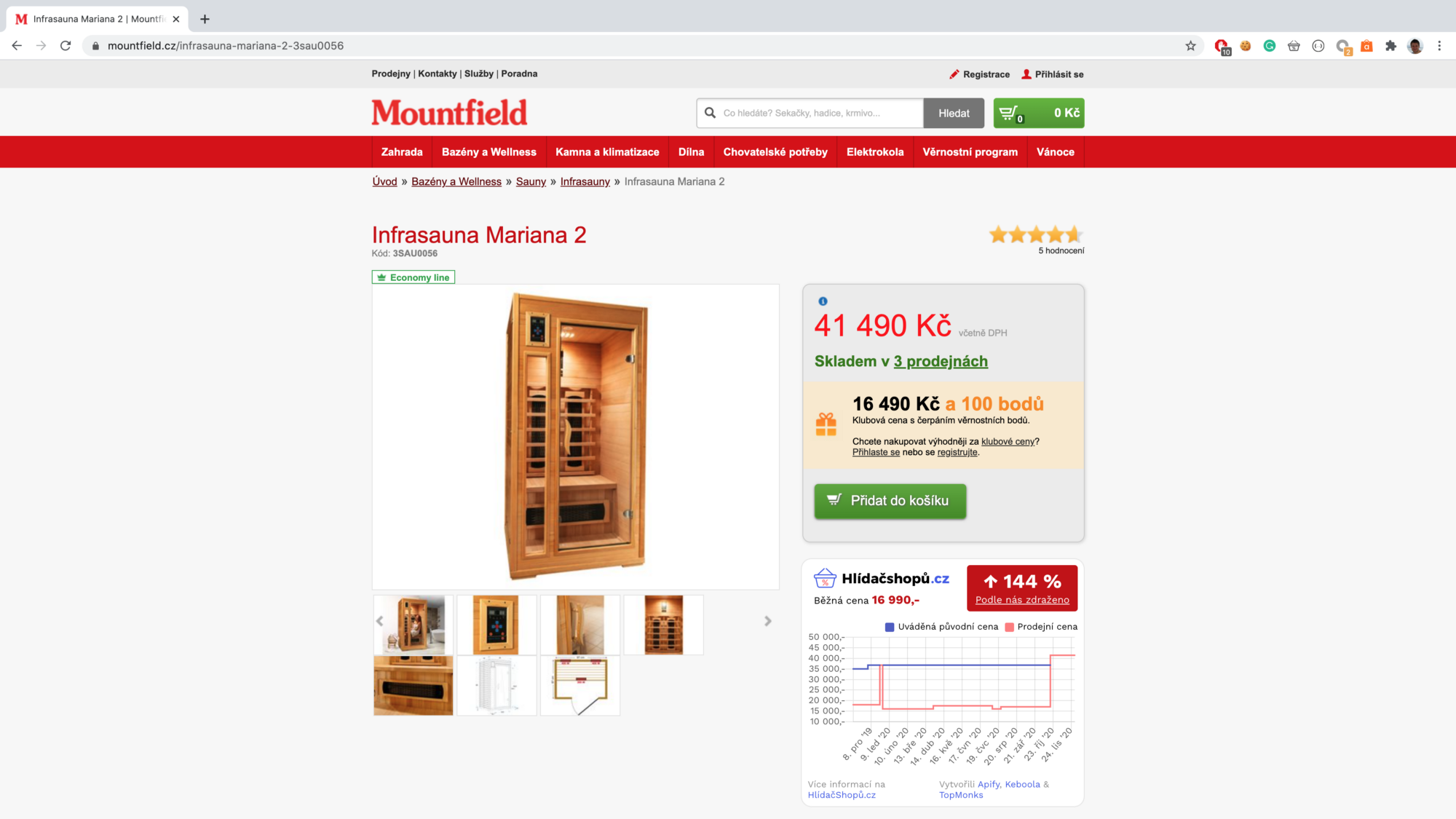 snímek obrazovky infrasauny na webu mountfield.cz za cenu 41490 Kč