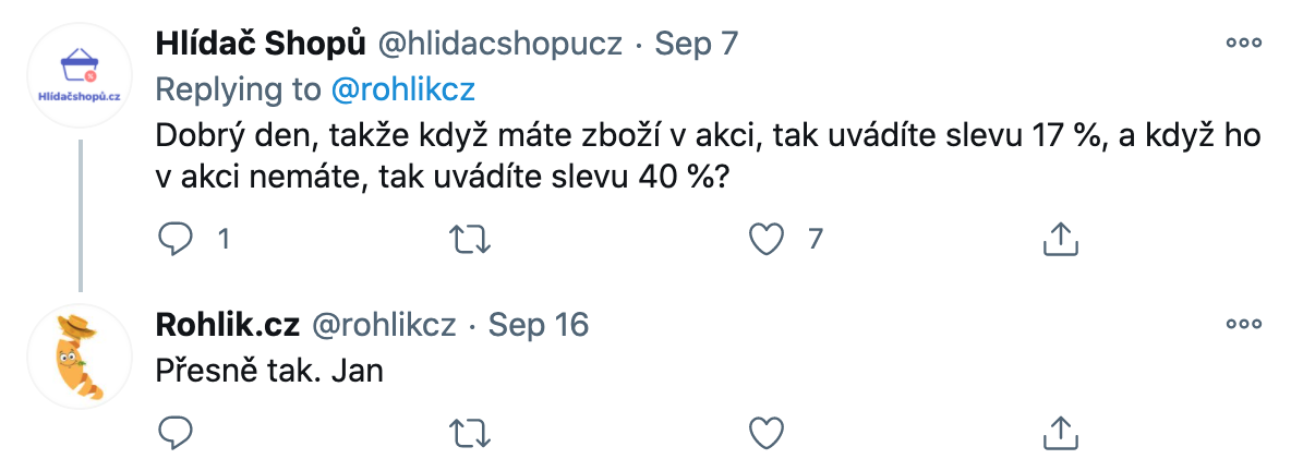 snímek obrazovky konverzace na Twitteru, kde Rohlik.cz potvrzuje Hlídači Shopů, že když je zboží v akci, uvádí slevu 17% a když není, pak 40%