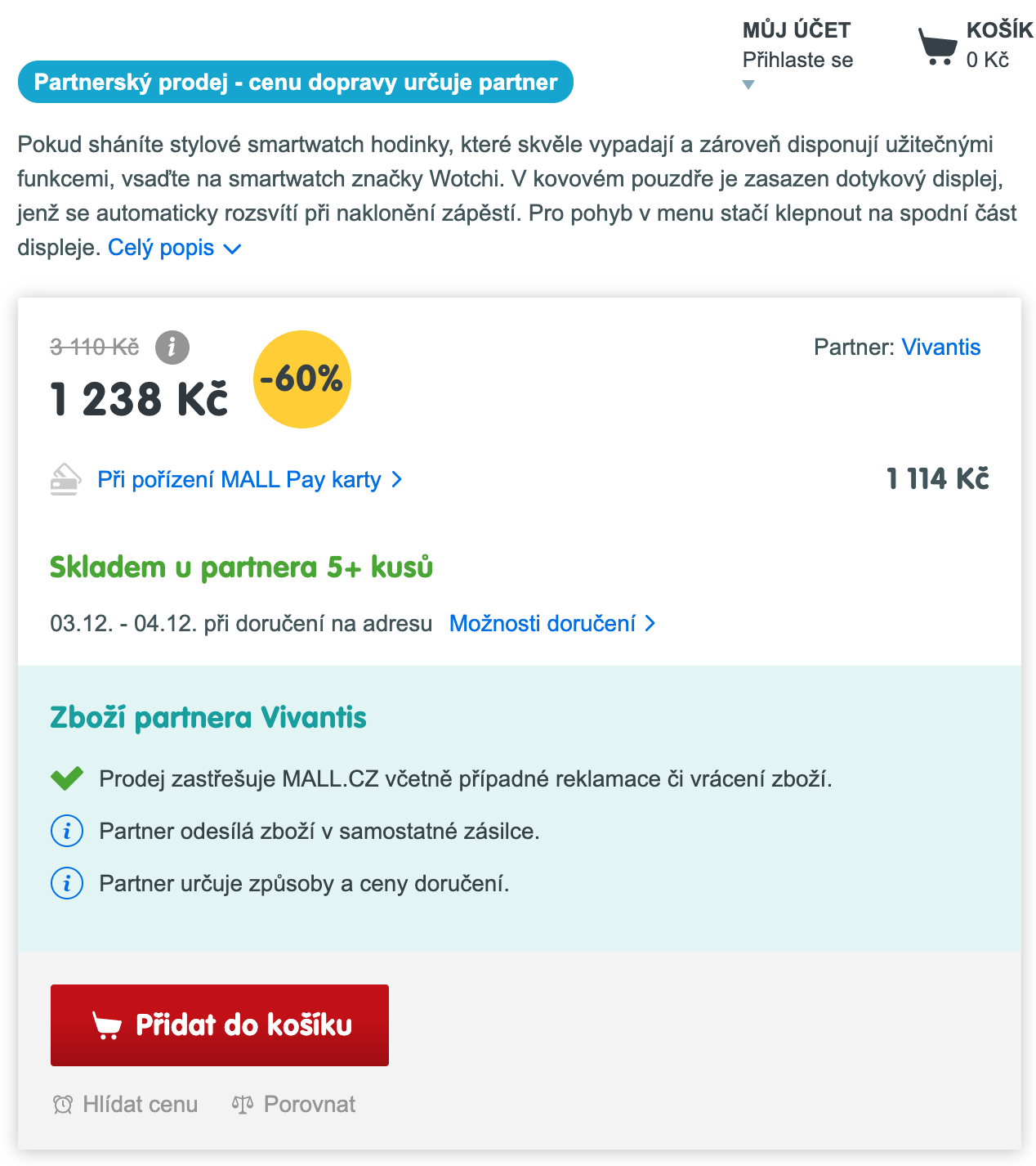 snímek obrazovky produktu ve výprodeji na webu mall.cz z 3110 Kč na 1238 Kč s označením partnerský prodej