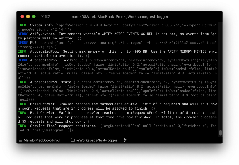 screenshot of a terminal app running Apify SDK