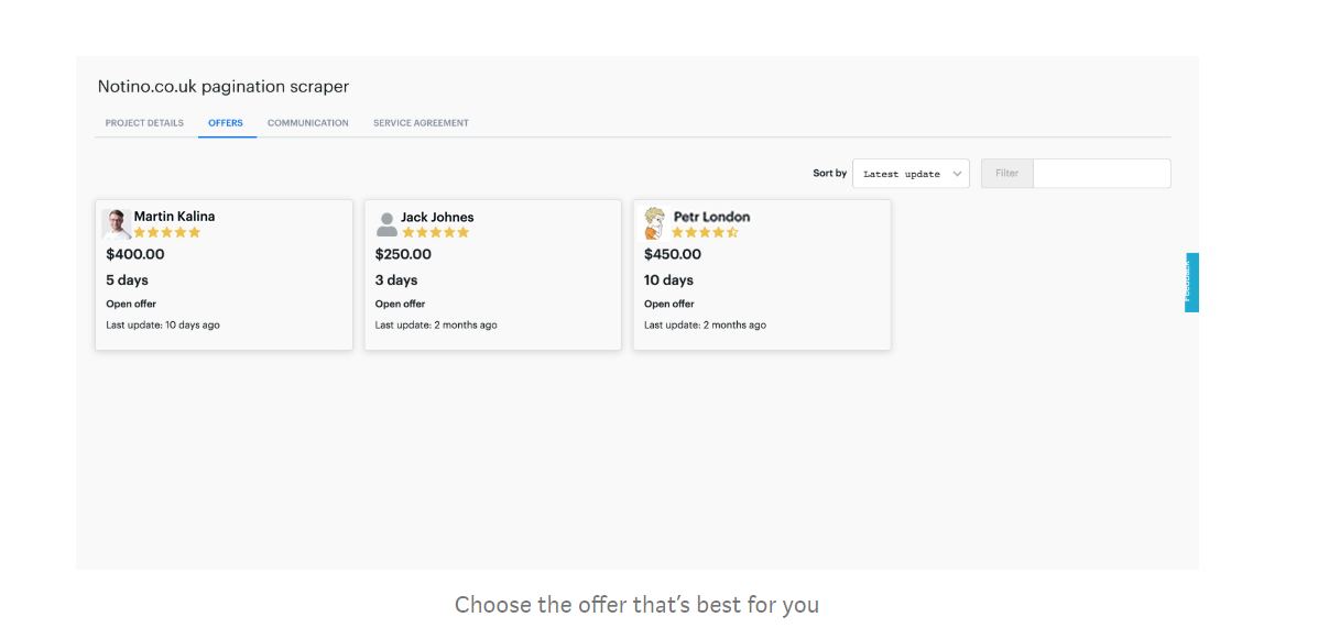 screenshot of 3 received offers from developers for a Notino.co.uk pagination scraper