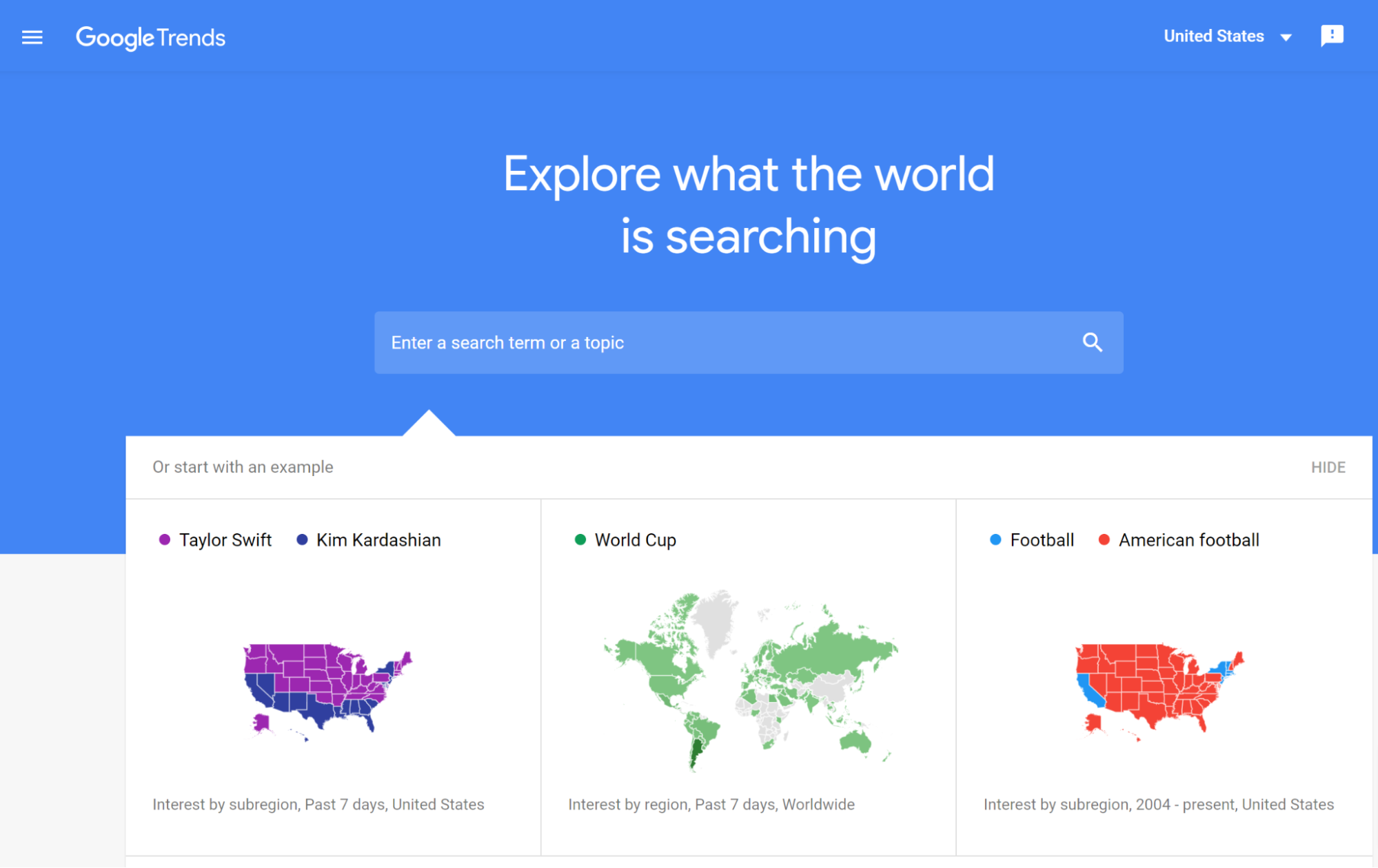 Google Trends search bar suggests popular queries like Taylor Swift in USA or the World Cup globally.