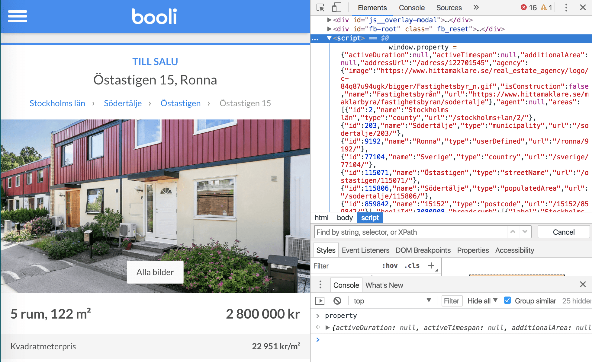 inspecting booli page with the developer tools.