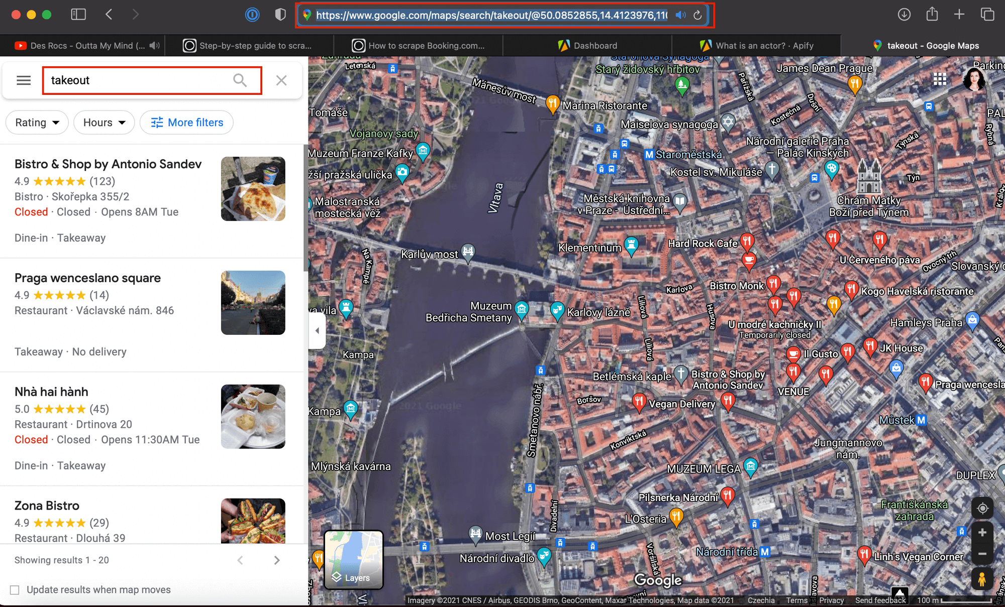 screenshot of the Google Maps search results page with the query "takeout" in Prague