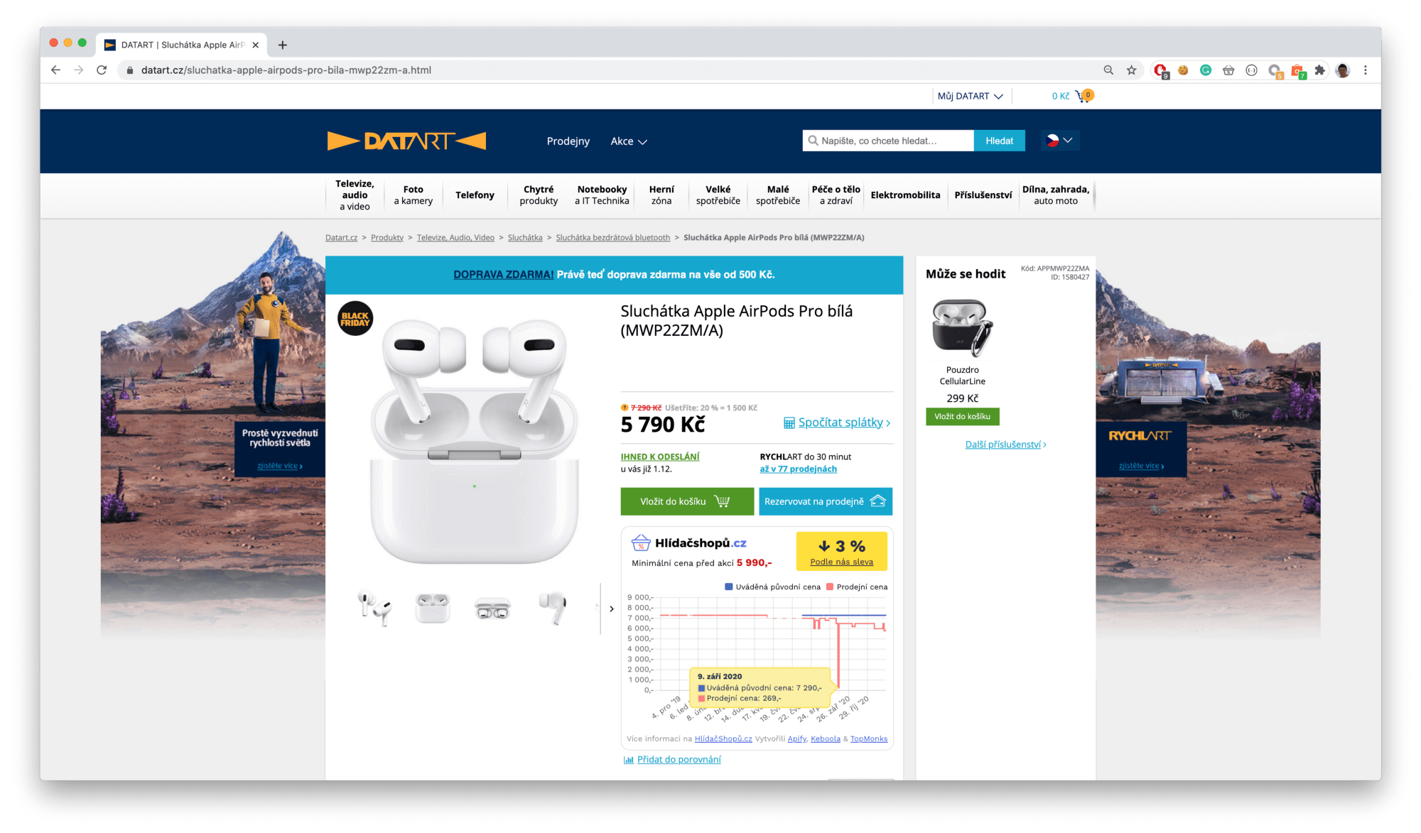 screenshot of Airpods Pro on sale at datart.cz from 7,290 CZK to 5,790 CZK