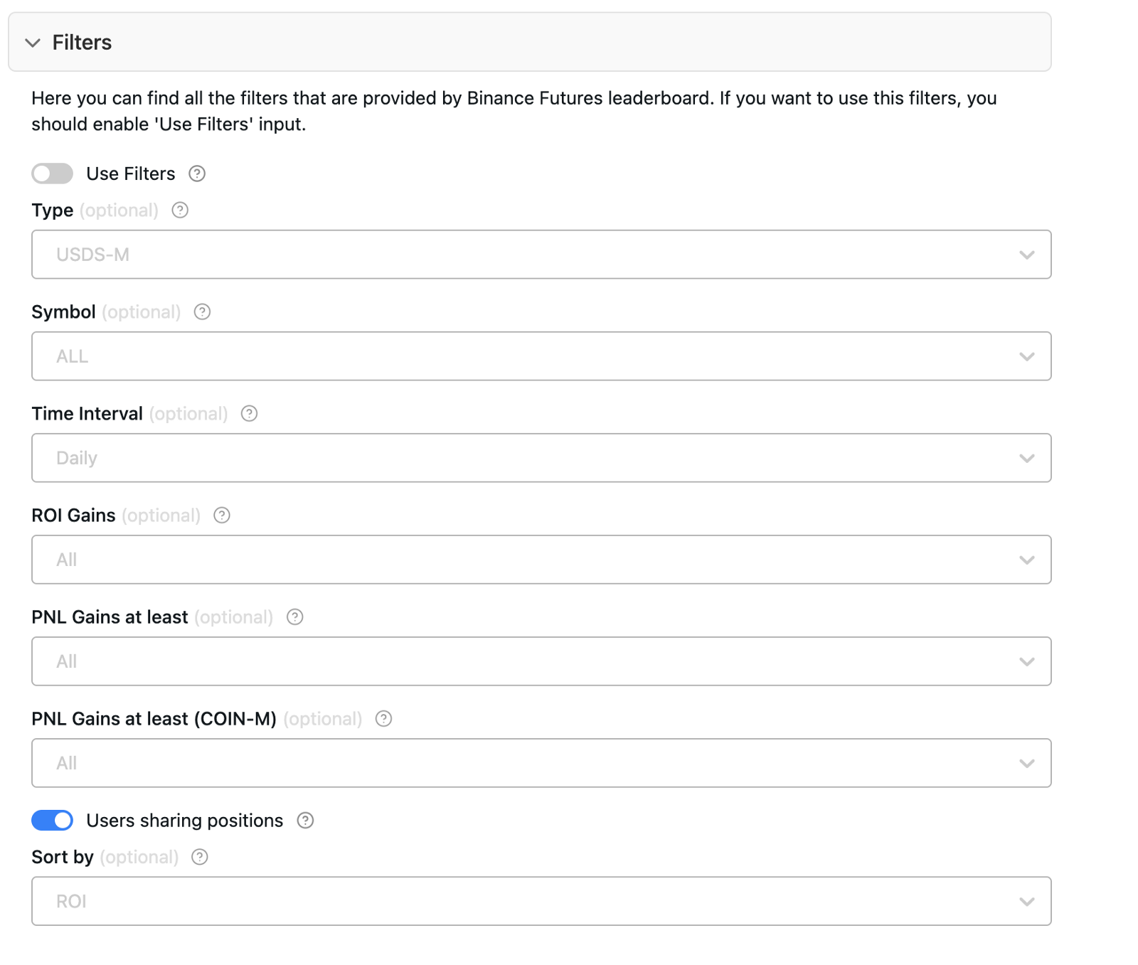 screenshot of the Filters input tab for Binance Futures Leaderboard Scraper