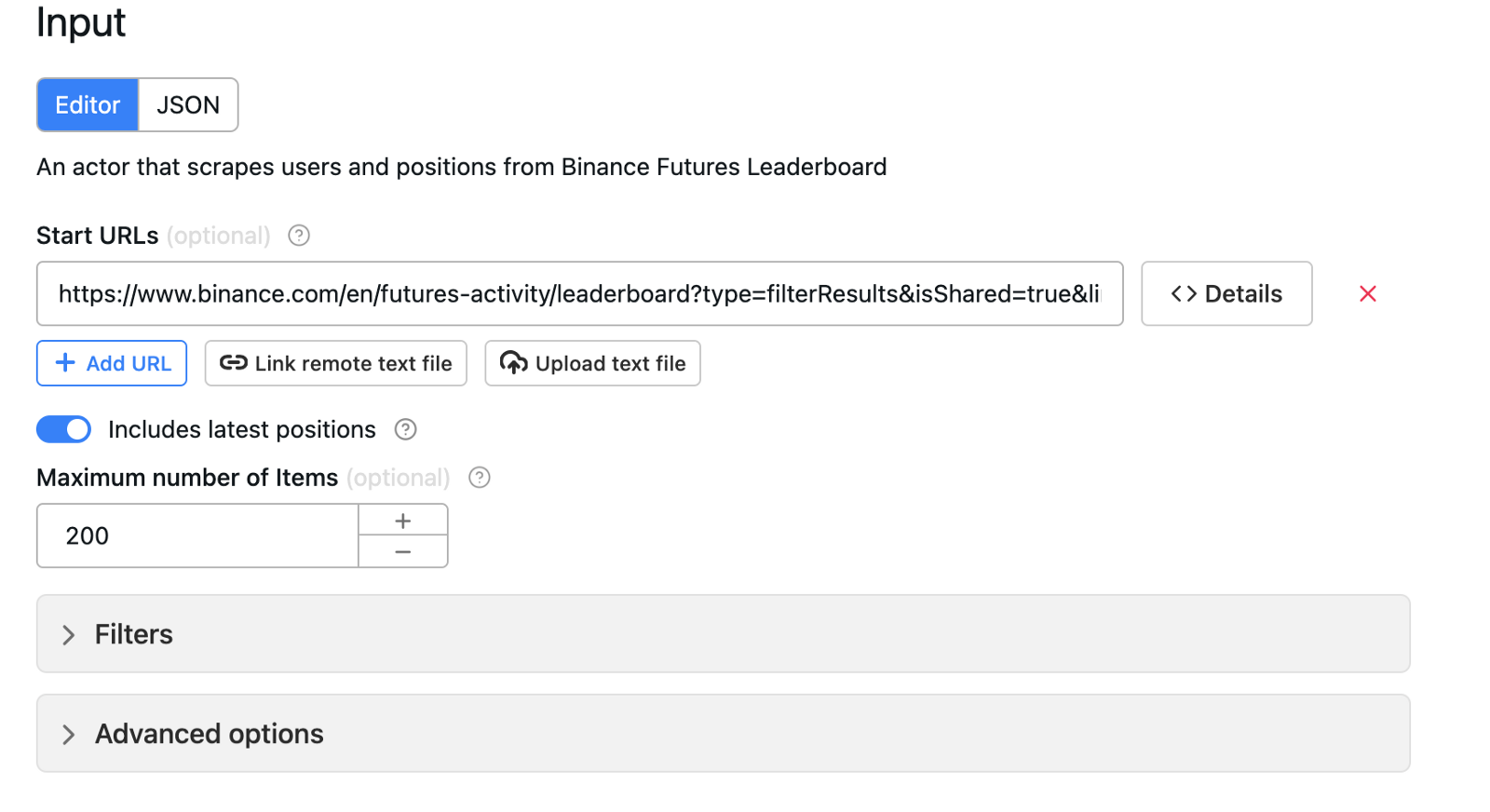 screenshot of input fields for Binance Futures Leaderboard Scraper