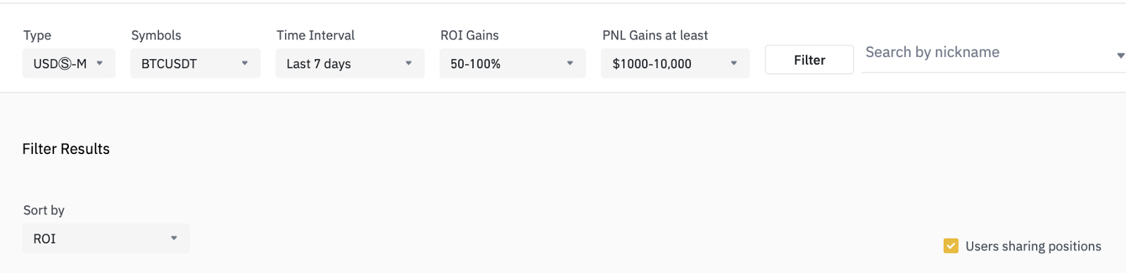 screenshot of filters available on Binance Futures Leaderboard