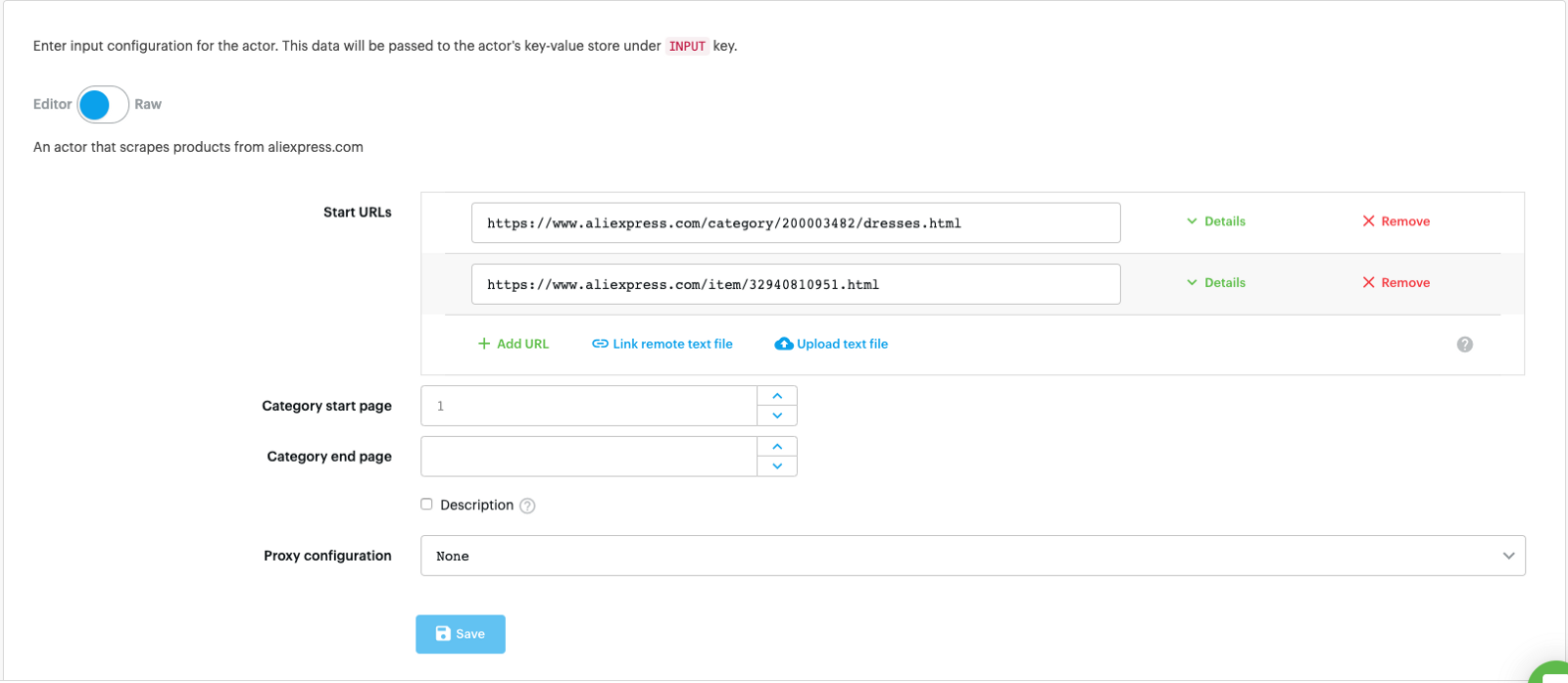 screenshot of the input schema for AliExpress Scraper