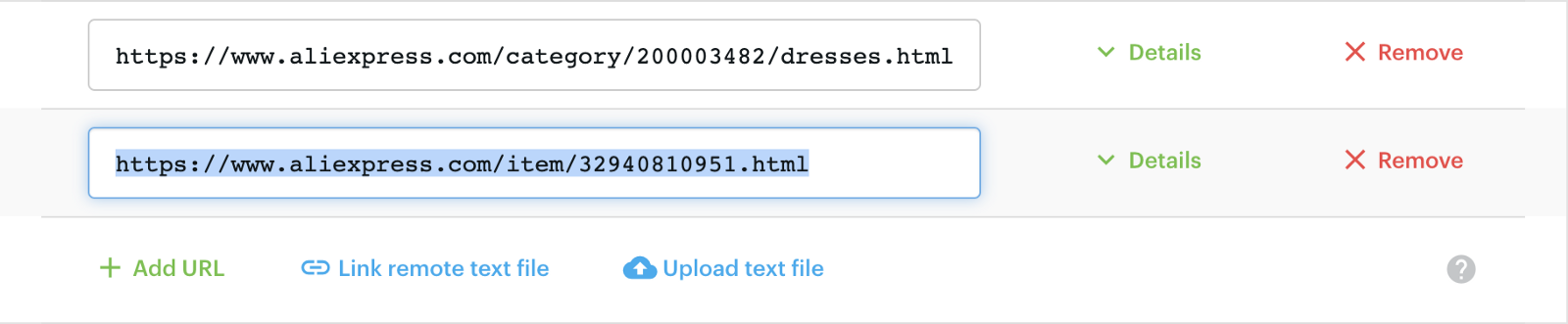 screenshot of filled out start URLs in AliExpress Scraper's input
