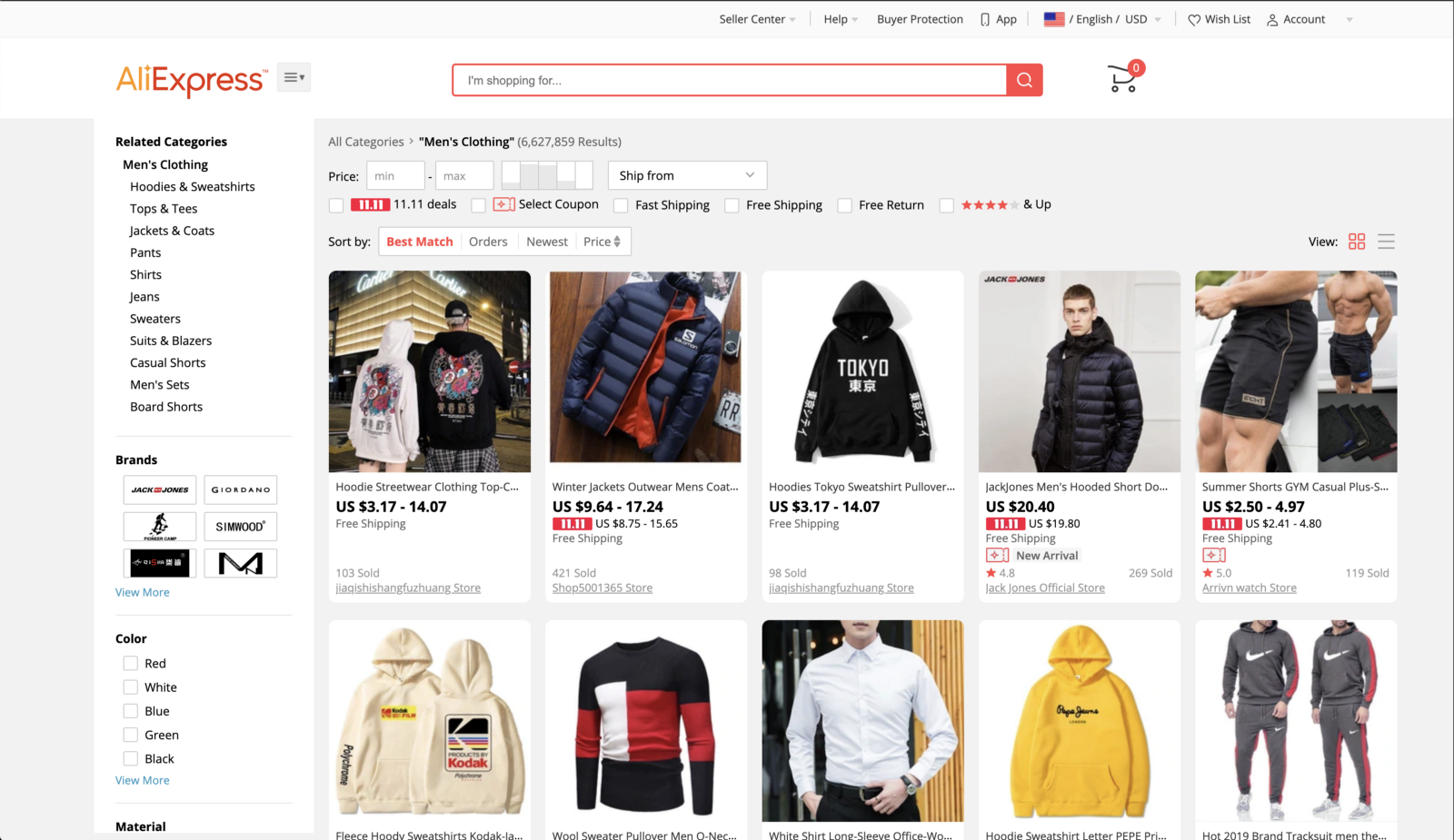 screenshot of "Men's Clothing" category on aliexpress.com 