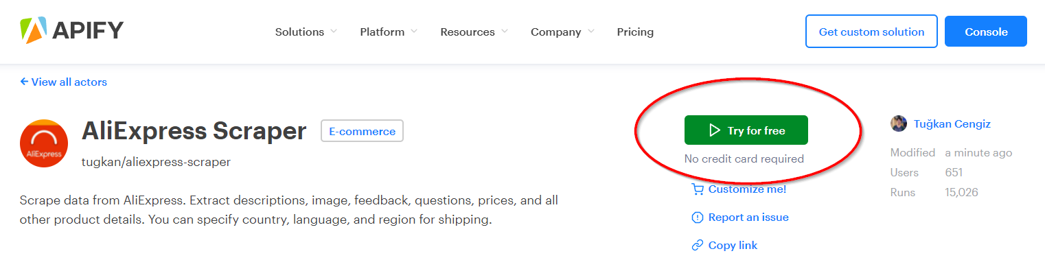 screenshot of AliExpress Scraper's page on Apify Store
