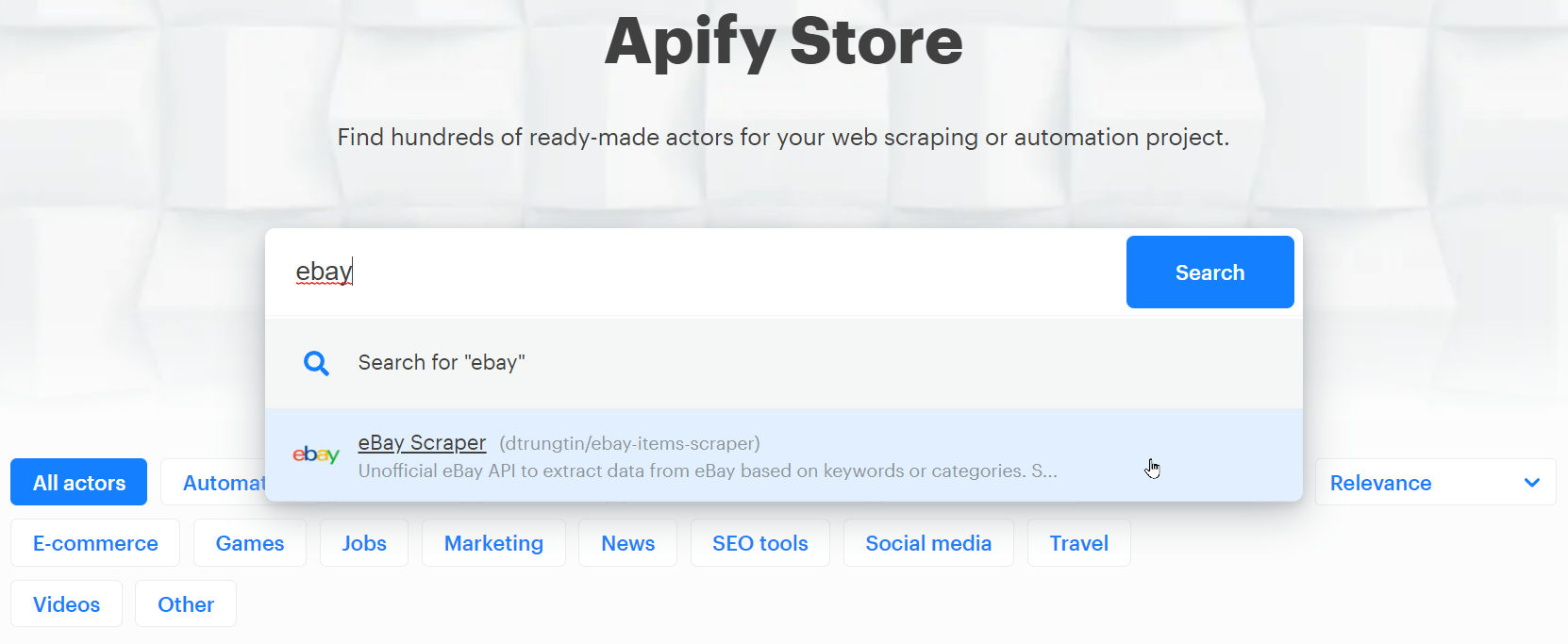 Search for eBay Scraper on Apify Store