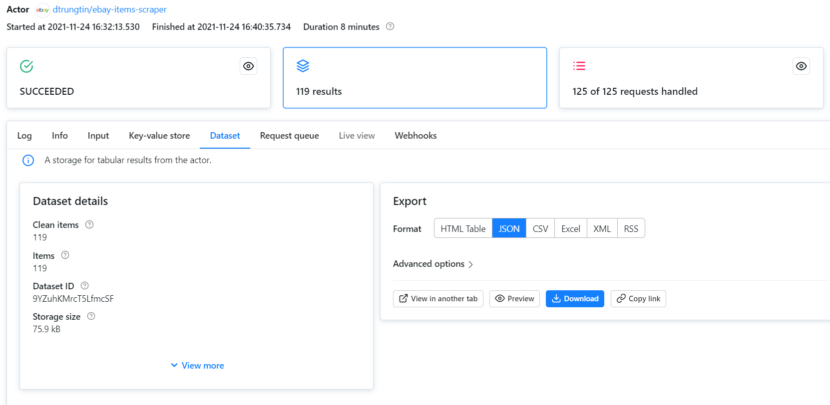 Export and download your scraped eBay data in JSON, CSV, XML, Excel, and more