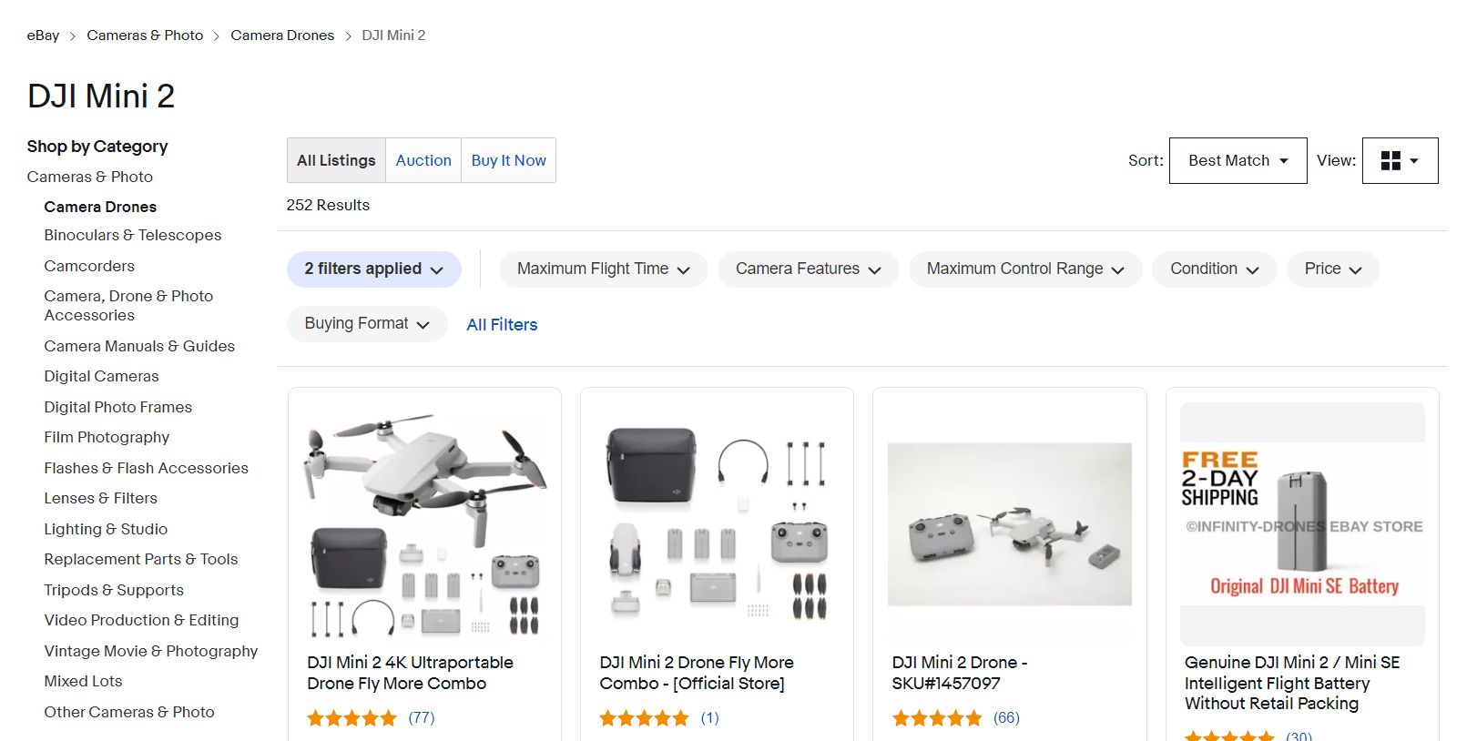 screenshot of DJI Mini 2 product page on eBay