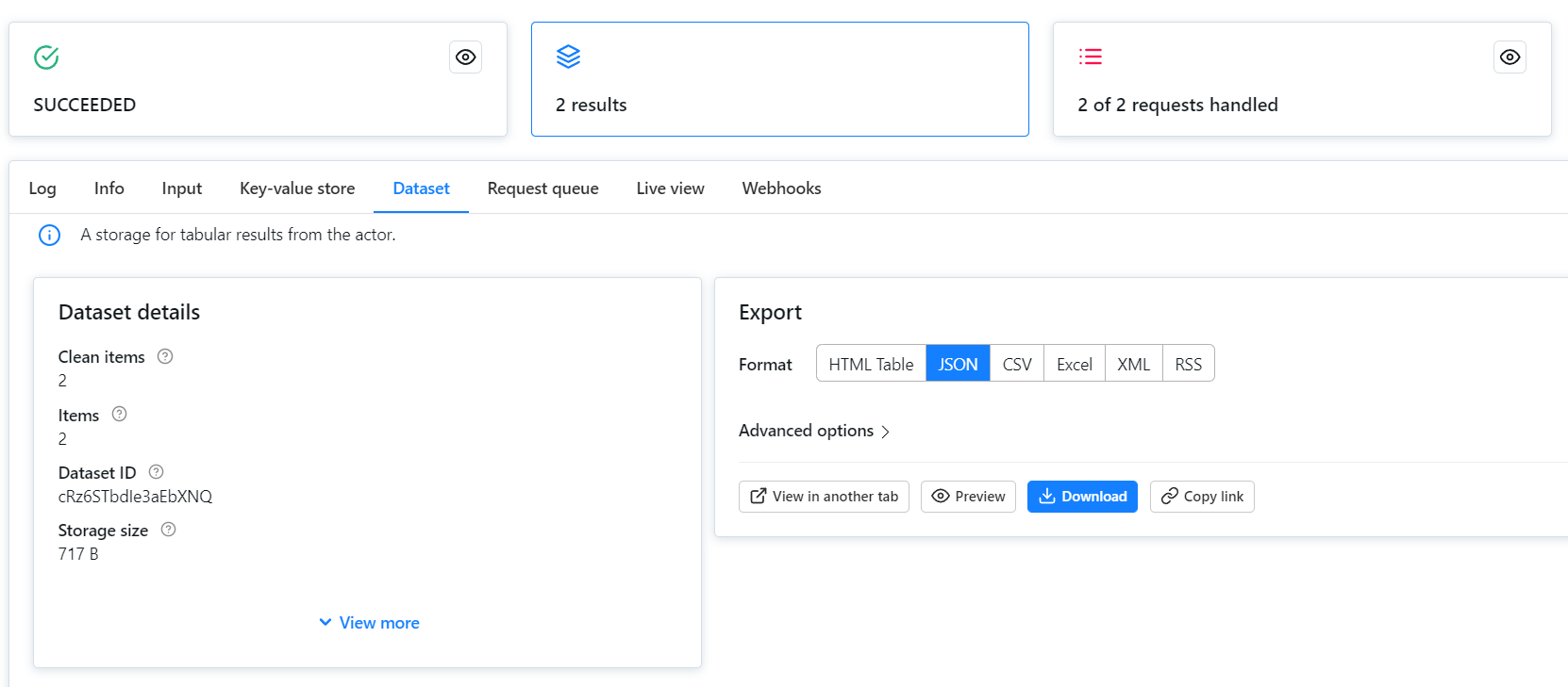 Click on the Dataset tab to get your data in lots of useful structured formats