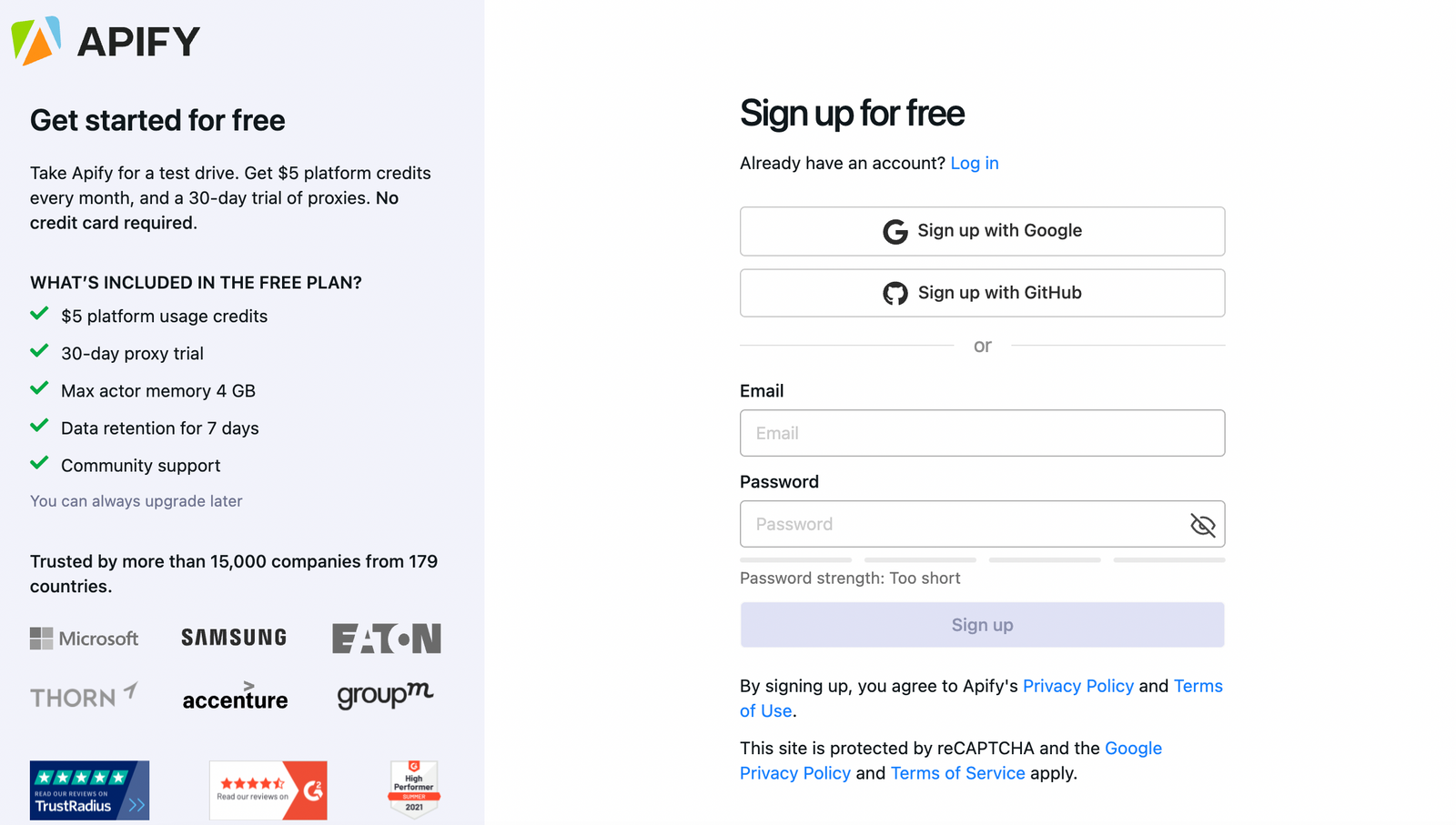 Sign up for your free Apify account