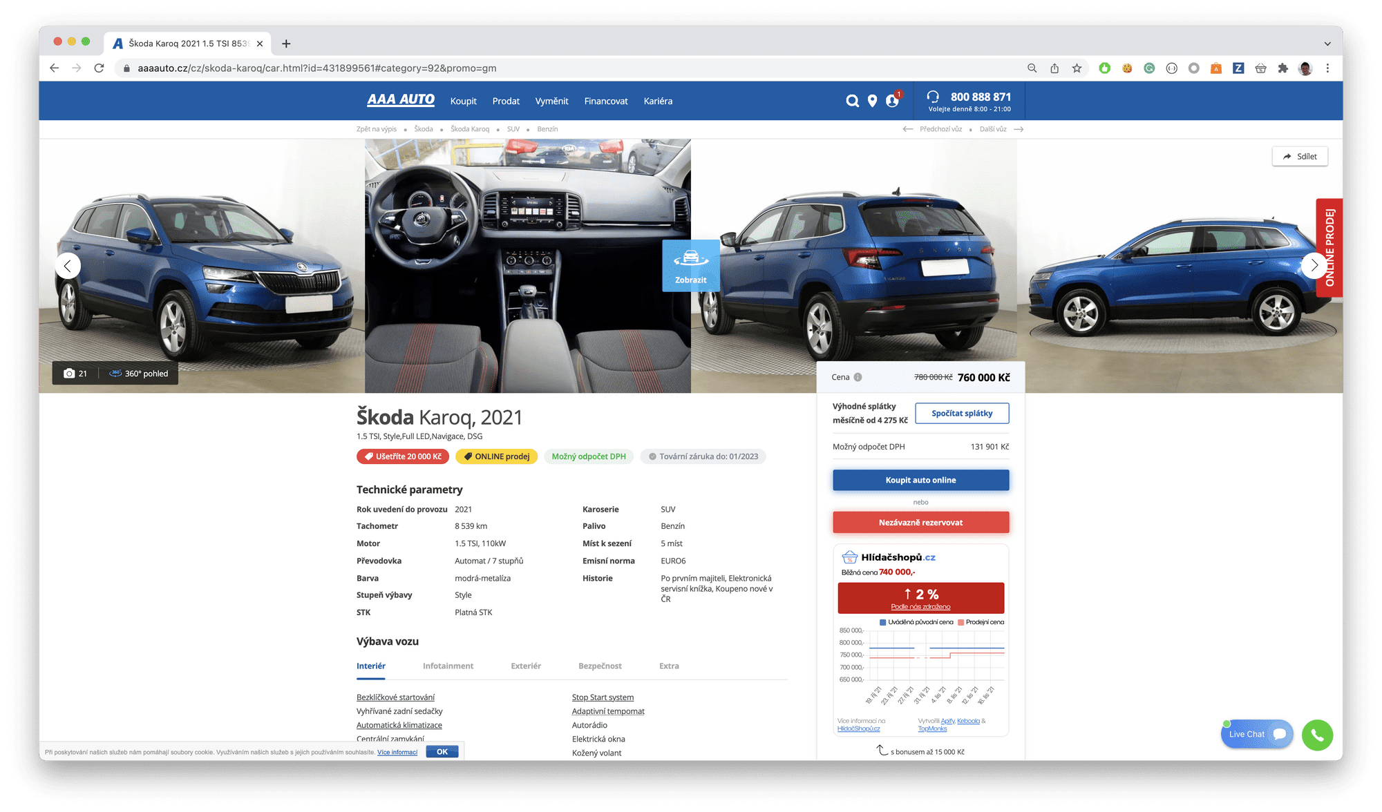 screenshot of a car on sale at aaaauto.cz from 780,000 CZK to 760,000 CZK with Hlídač shopů showing a 2% increase