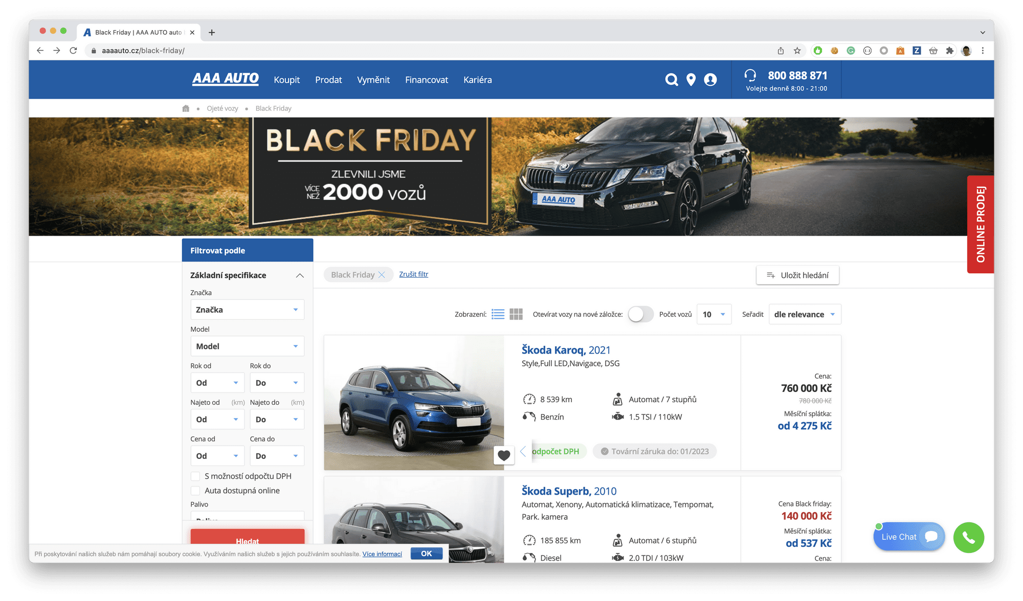 screenshot of a car on sale at aaaauto.cz from 780,000 CZK to 760,000 CZK