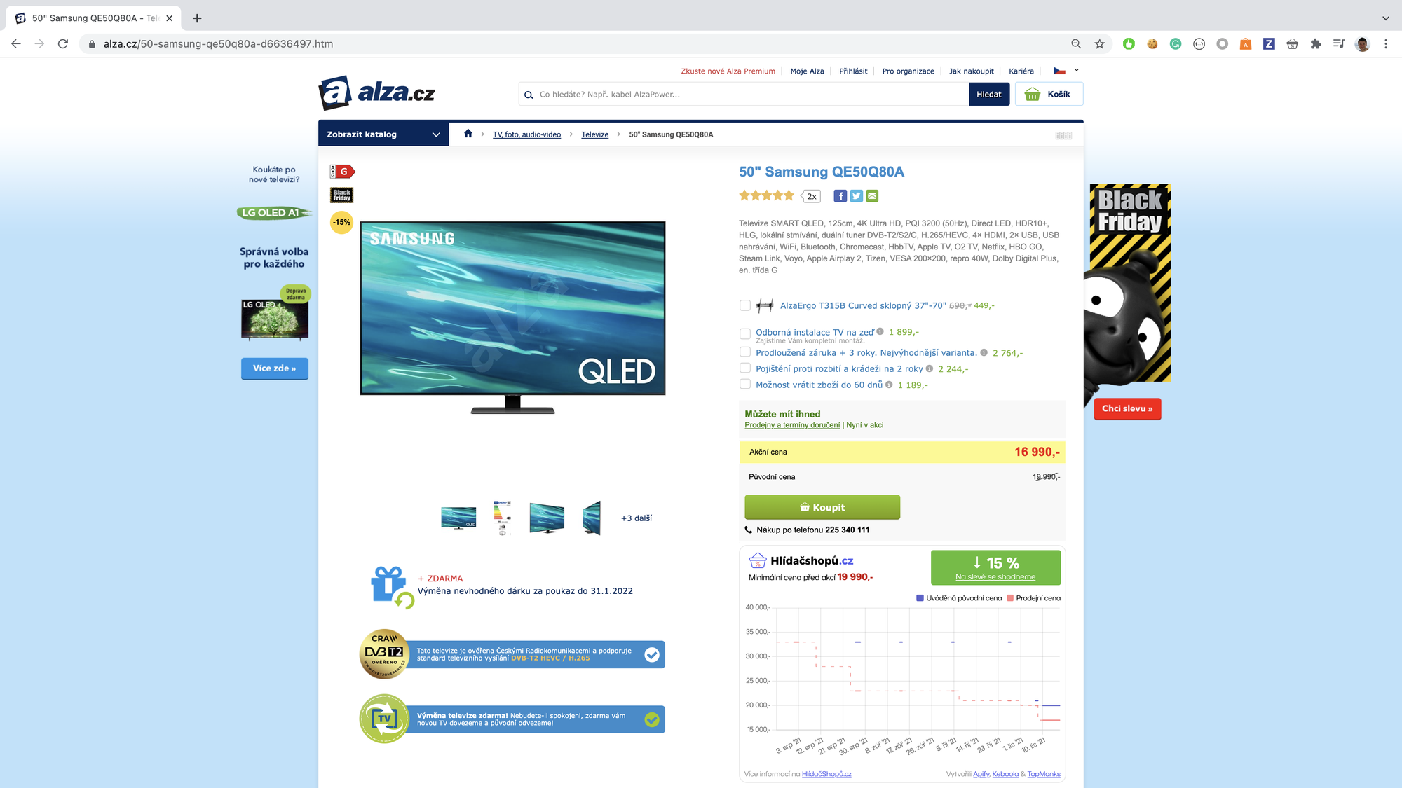 screenshot of a TV on sale at alza.cz from 19,990 CZK to 16,990 CZK