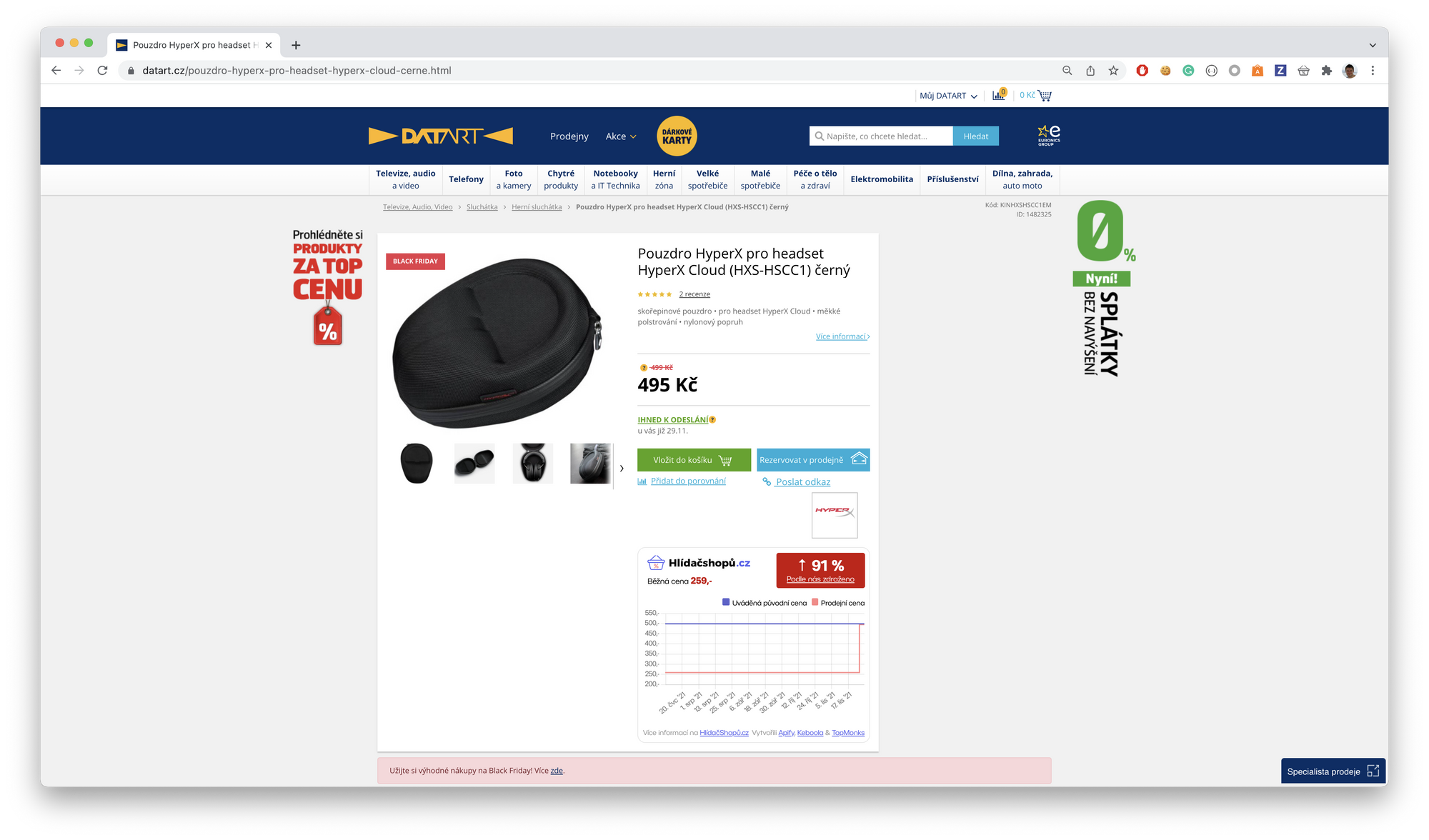 screenshot of a headphone cover on sale at datart.cz from 499 CZK to 495 CZK