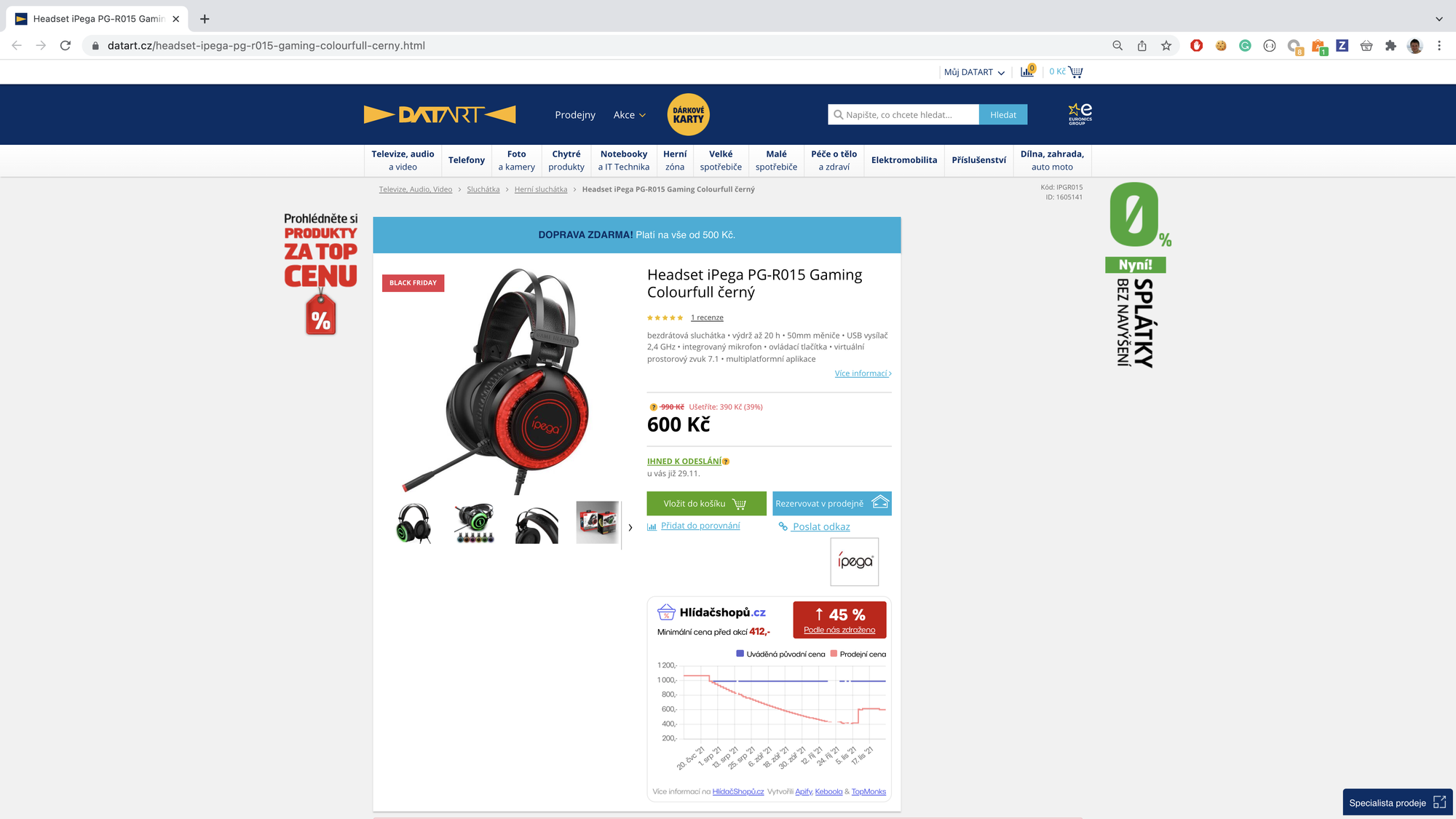 screenshot of headphones on sale at datart.cz from 499 CZK to 495 CZK