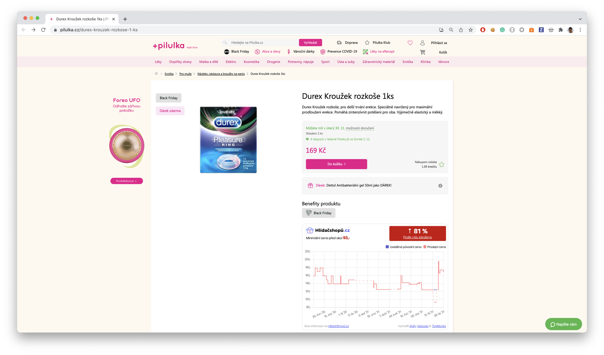 screenshot of a penis ring at pilulka.cz for 169 CZK with a Black Friday tag