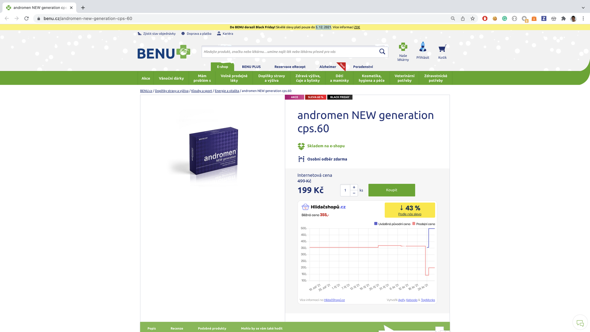 screenshot of andromen on sale at benu.cz from 499 CZK to 199 CZK