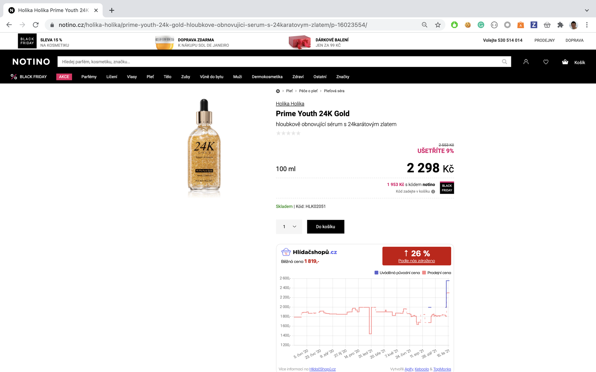 screenshot of a face serum on sale at notino.cz from 2,553 CZK to 2,298 CZK