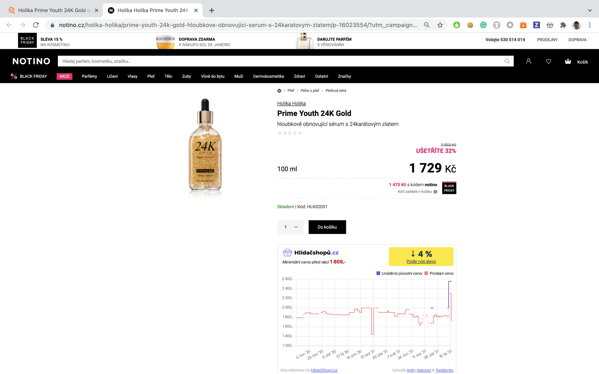 screenshot of a face serum on sale at notino.cz from 2,553 CZK to 1,729 CZK