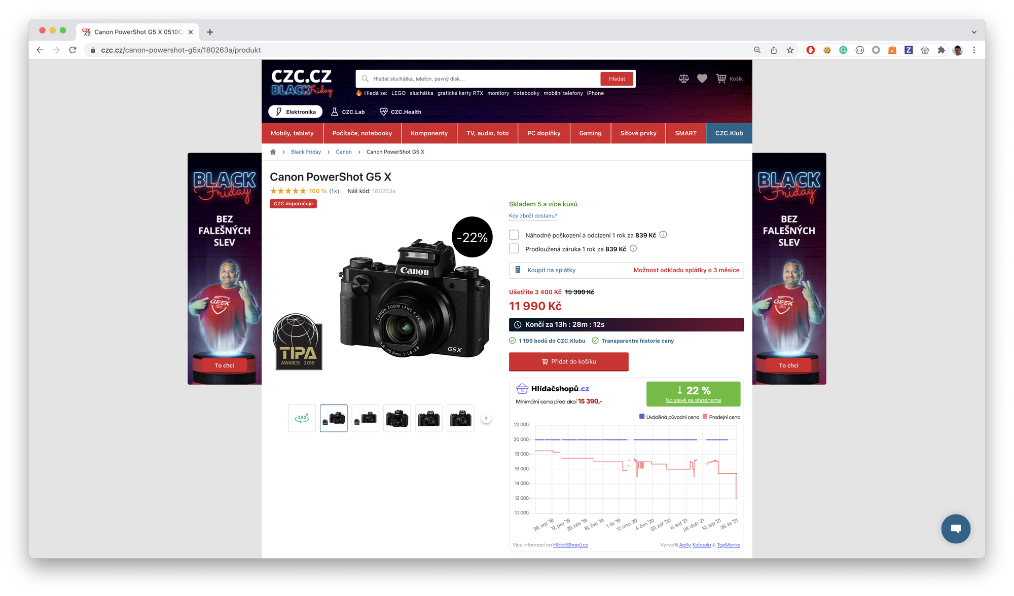 screenshot of a camera on sale at alza.cz from 19,990 CZK to 16,990 CZK