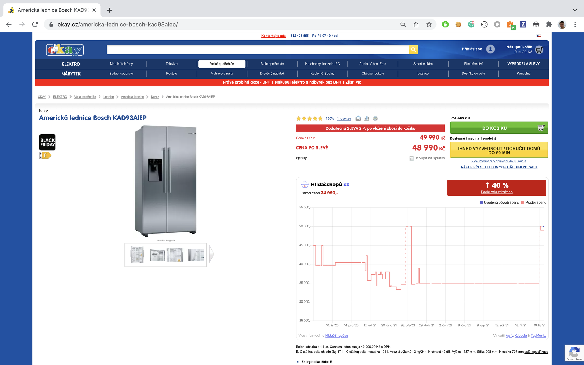 screenshot of a fridge on sale at at okay.cz from 49,990 CZK to 48,990 CZK with a Black Friday tag