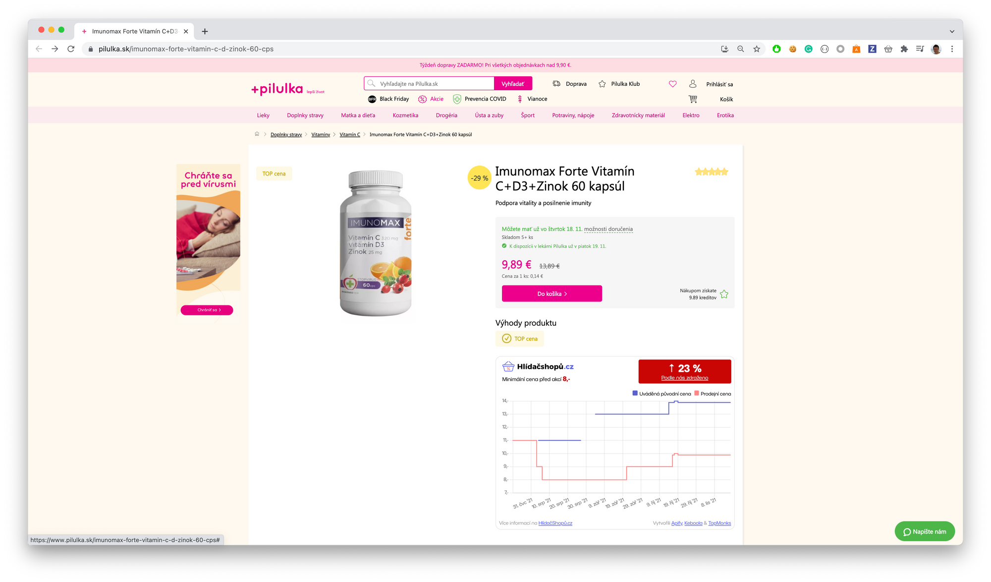 screenshot of vitamins on sale at pilulka.cz from 13,89 € to 9,89 €