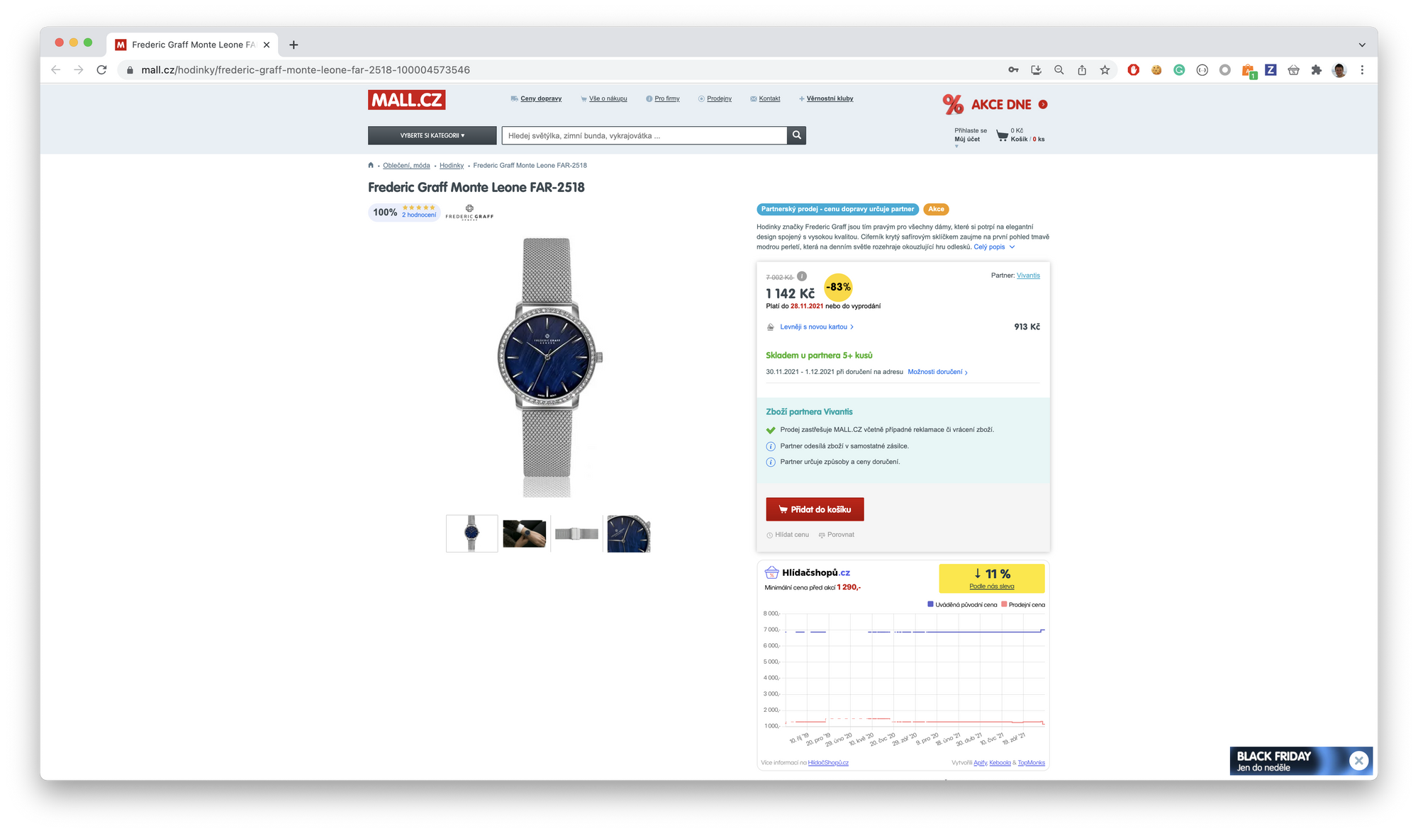 screenshot of a watch on sale at mall.cz from 7,002 CZK to 1,142 CZK