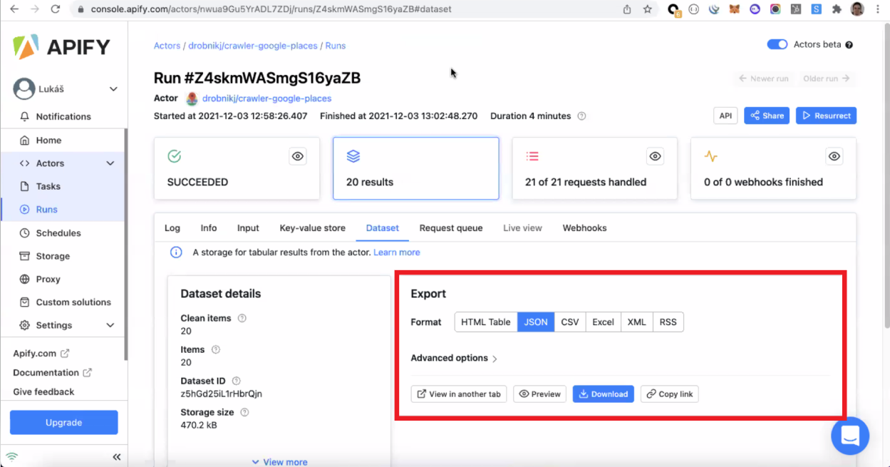 Dataset tab options on the Apify platform