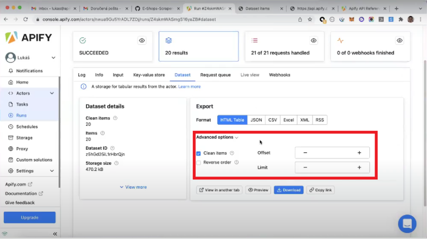 Dataset advanced options