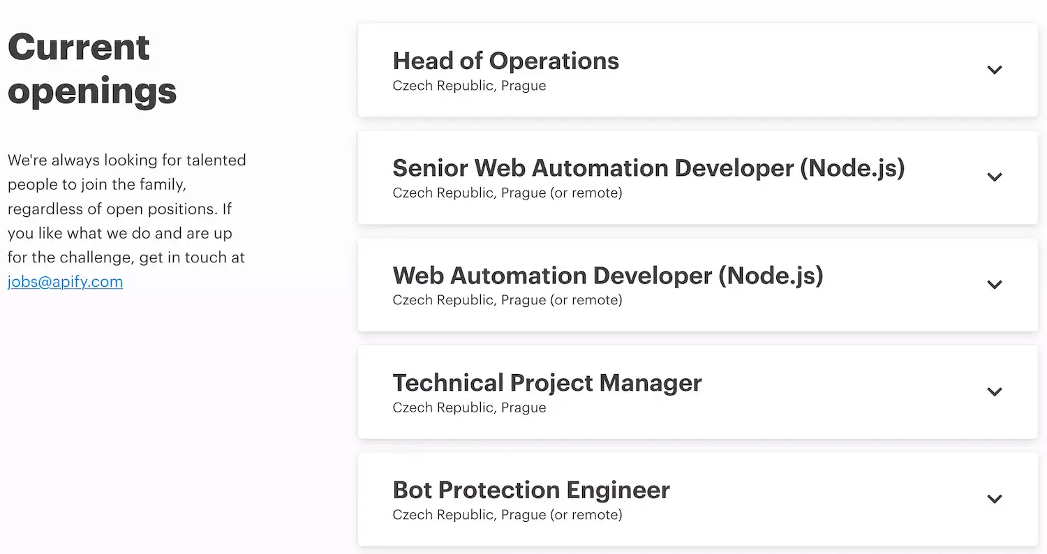 Apify job listings are kept on JazzHR