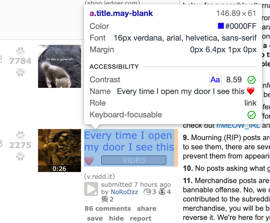 Hover over titles on r/cats to find the CSS selector