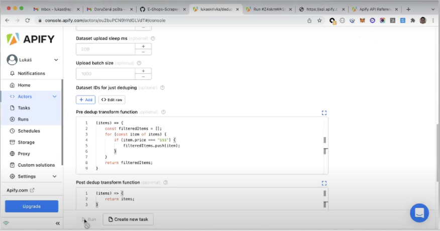 screenshot of an input schema in Apify Console with pre and post dedup transform functions filled out with JavaScript code