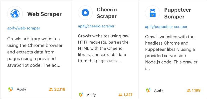 Three popular scraping tools on Apify Store