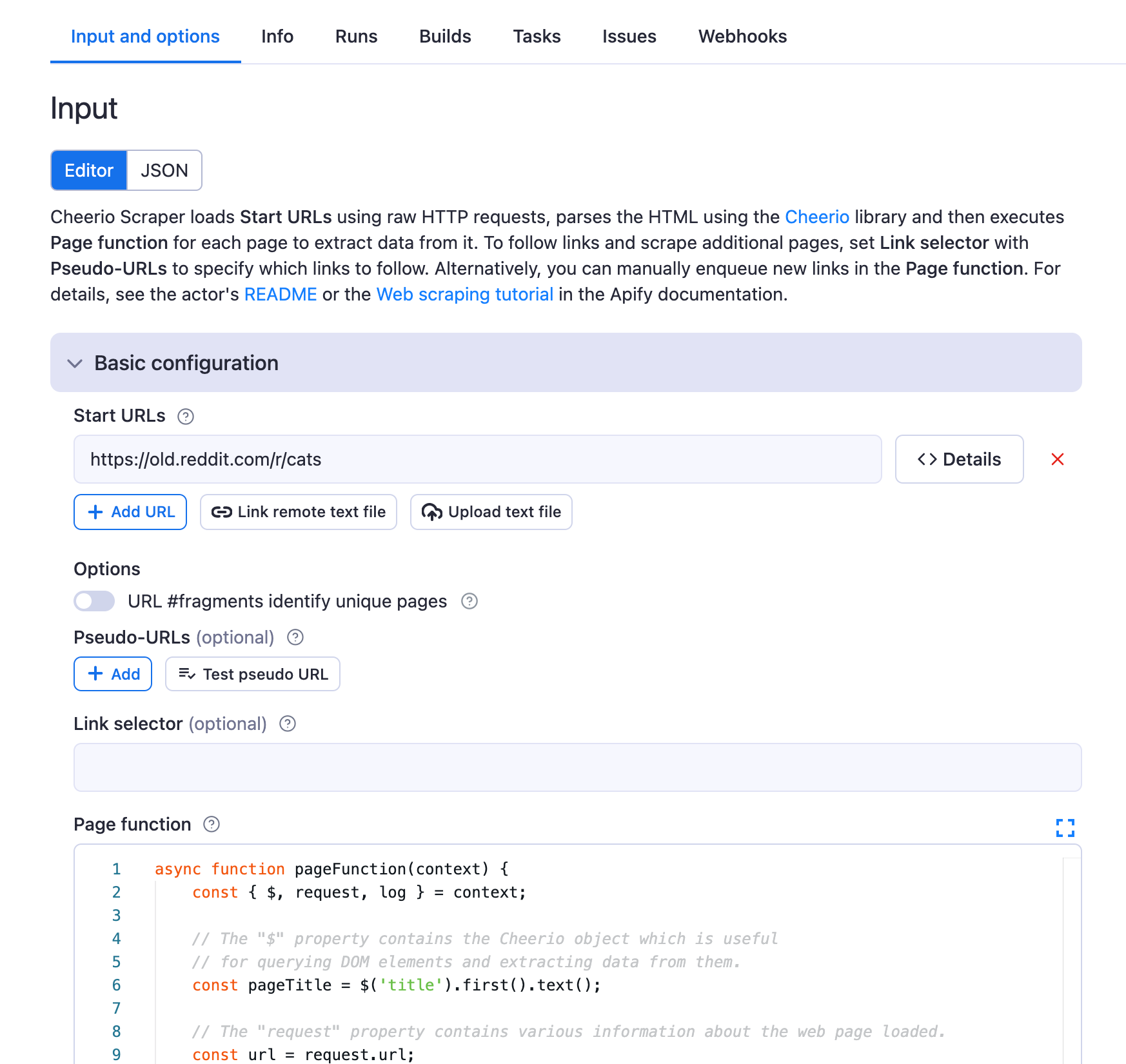 Cheerio Scraper input and options