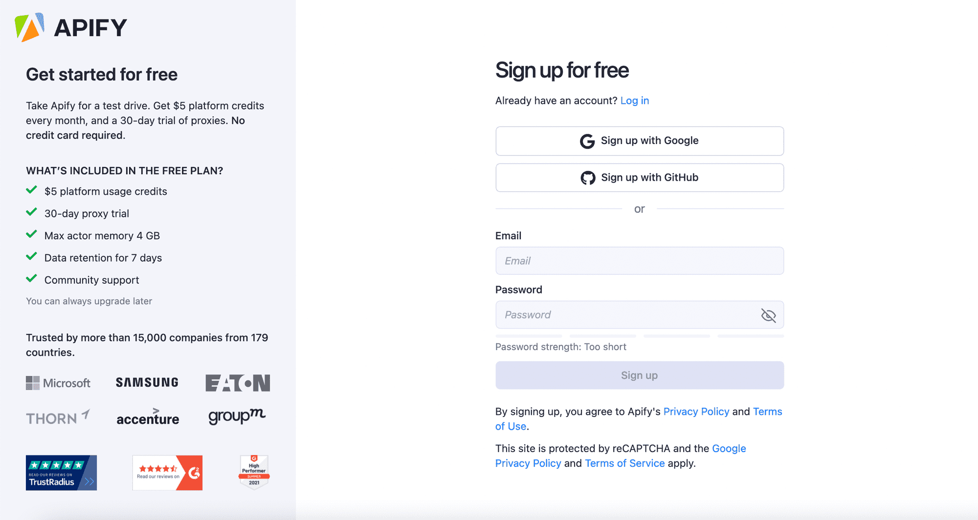 screenshot of Apify's sign up screen