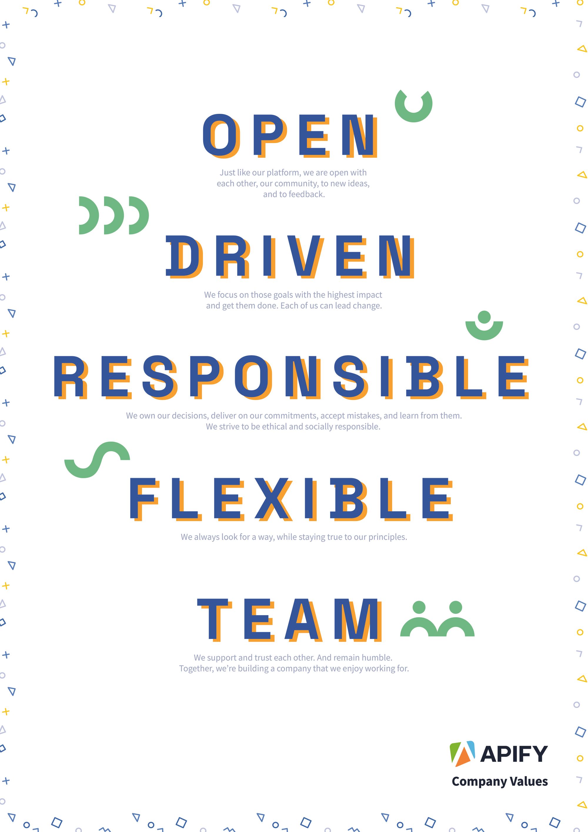 illustrated Apify values: open, driven, responsible, flexible, team
