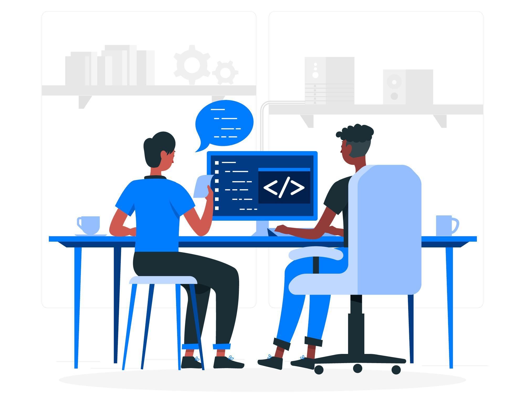 How to make money from coding: illustration of someone teaching coding to another person