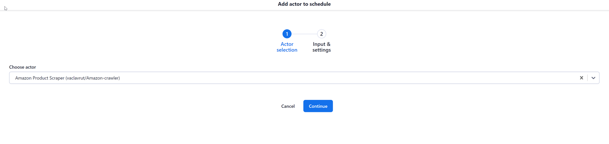 screenshot of Actor selection screen with Amazon Product Scraper chosen