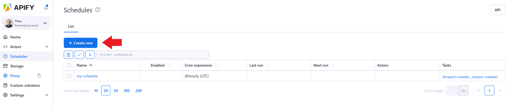 screenshot of Schedules tab in Apify Console with Create New button highlighted