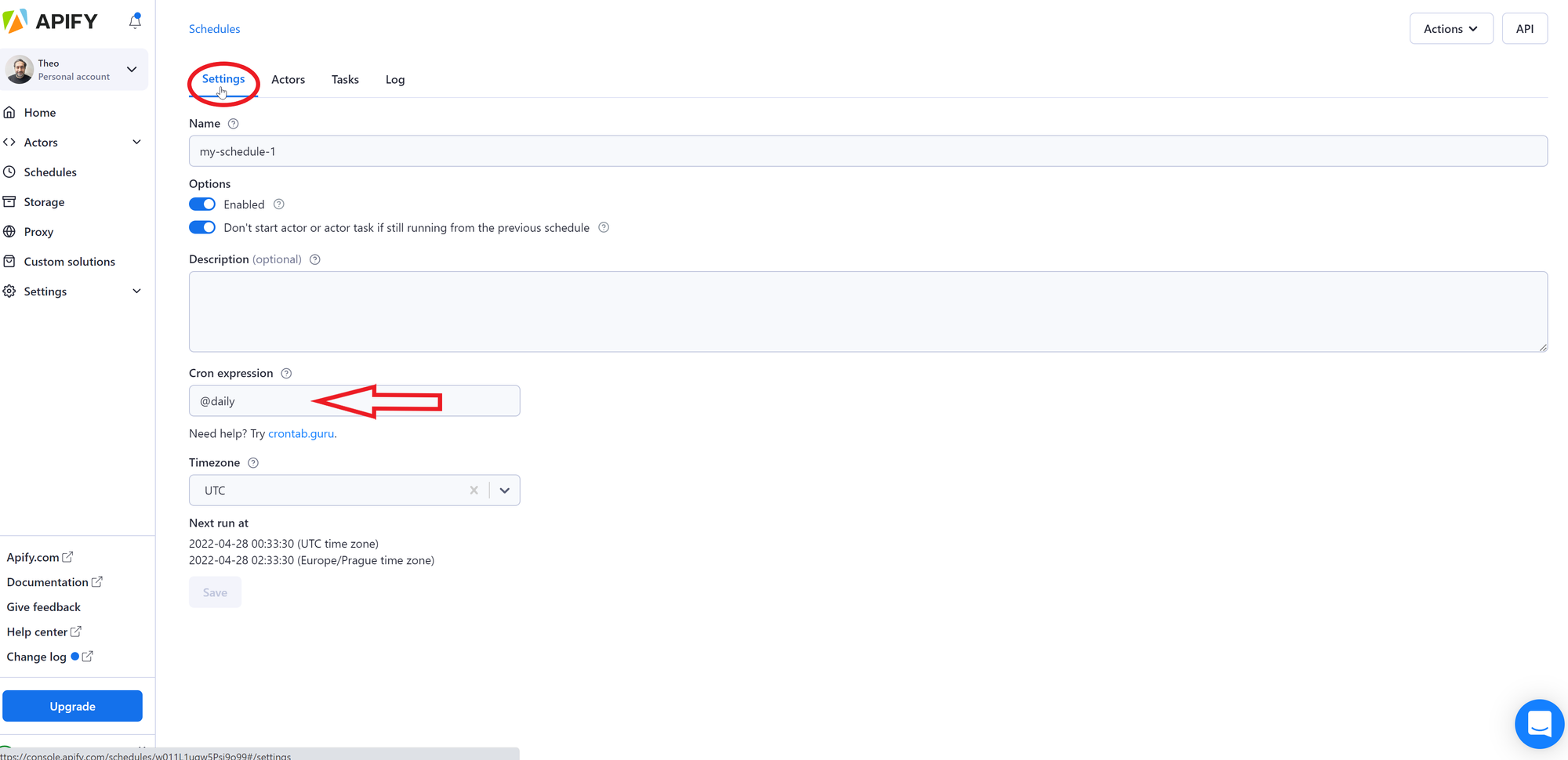 Configuring scheduling options on Apify platform.