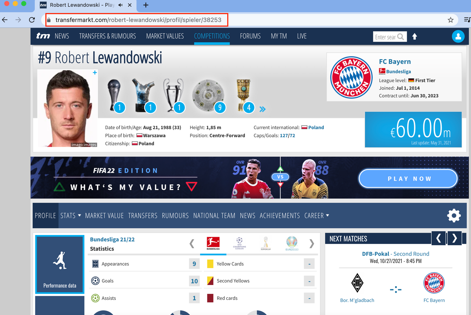 The transfermarkt profile url of the football player Robert Lewandowski.