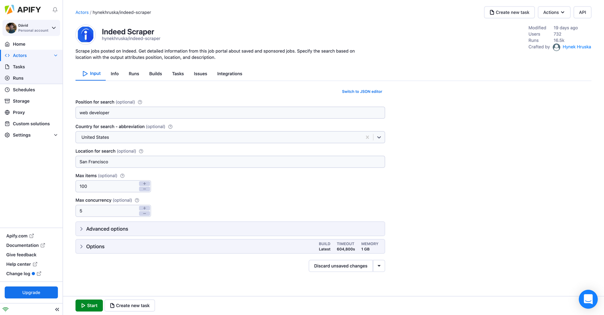 Indeed scraper input schema.